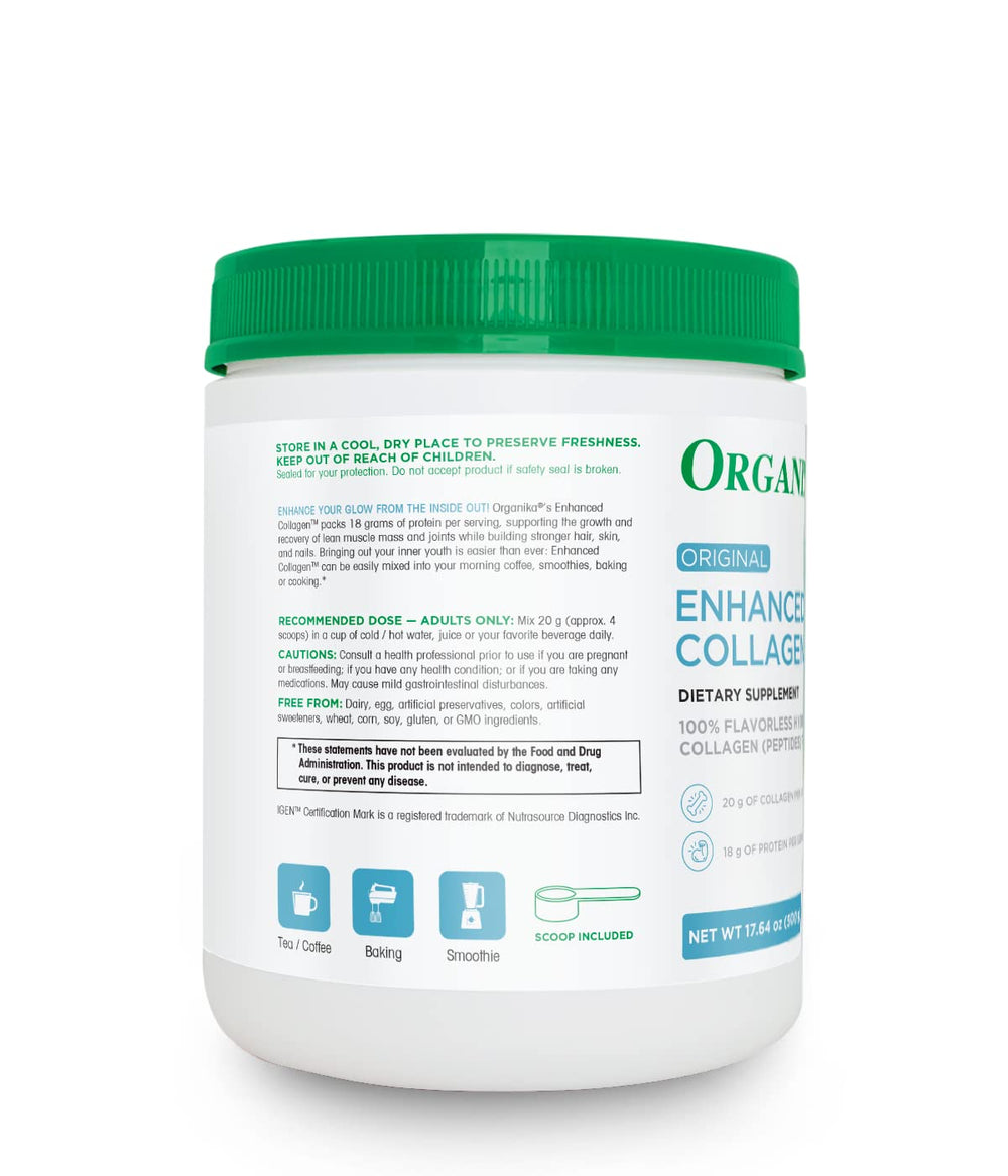 Organika grass-fed collagen powder tub on kitchen counter.
