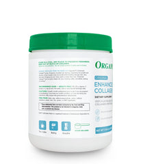 Organika grass-fed collagen powder tub on kitchen counter.