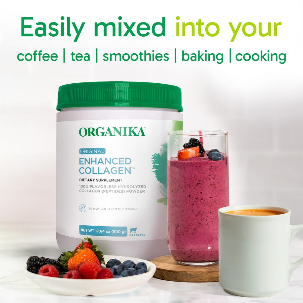 Organika keto-friendly collagen powder beside a healthy snack.