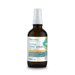 Organika Kids Zinc Spray bottle front view, compact 30 ml for easy use.