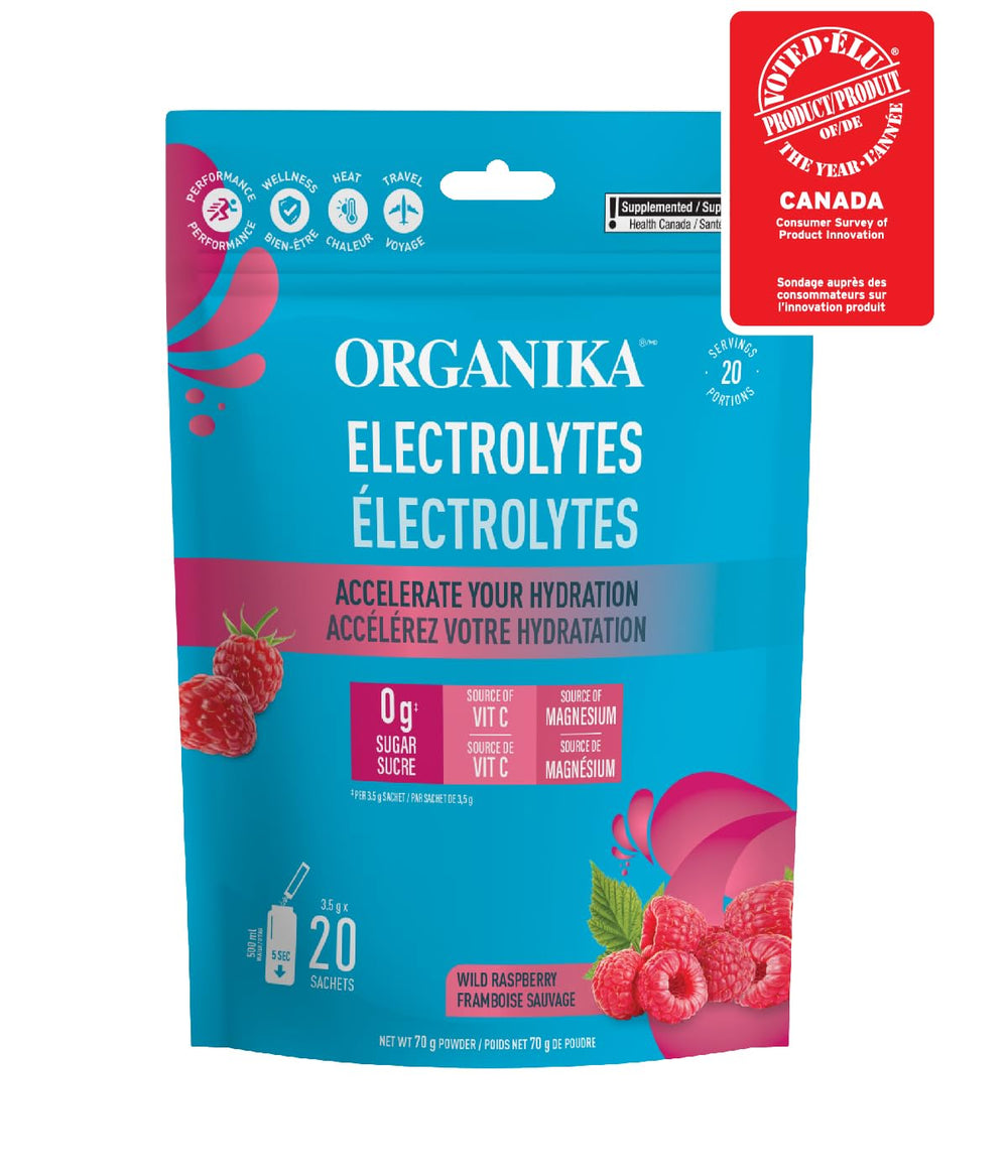 Organika Pure Electrolytes Raspberry label close-up on caffeine-free electrolyte blend.