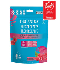 Organika Pure Electrolytes Raspberry label close-up on caffeine-free electrolyte blend.