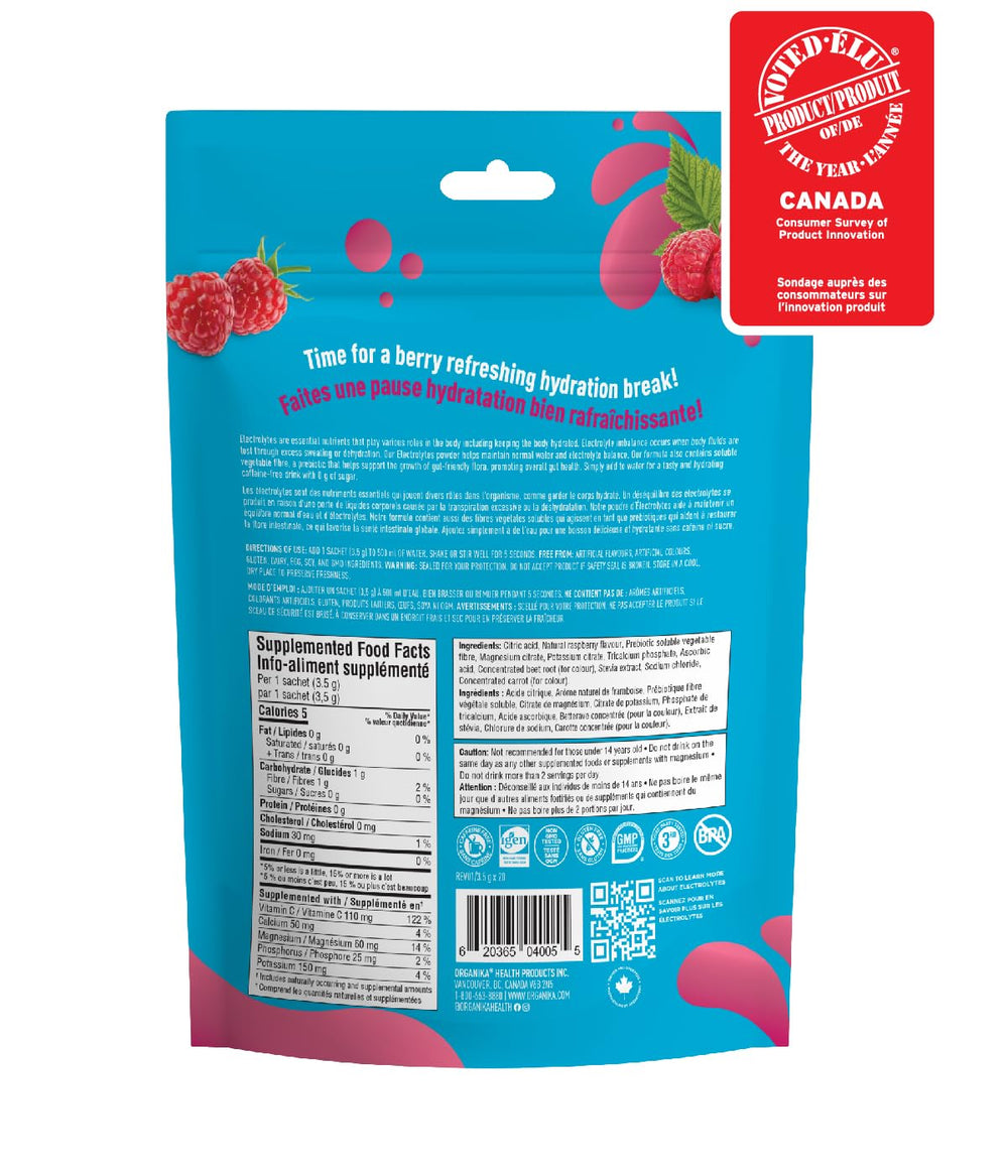 Organika Pure Electrolytes Raspberry packaging on shelf signaling a sugar-free hydration option.