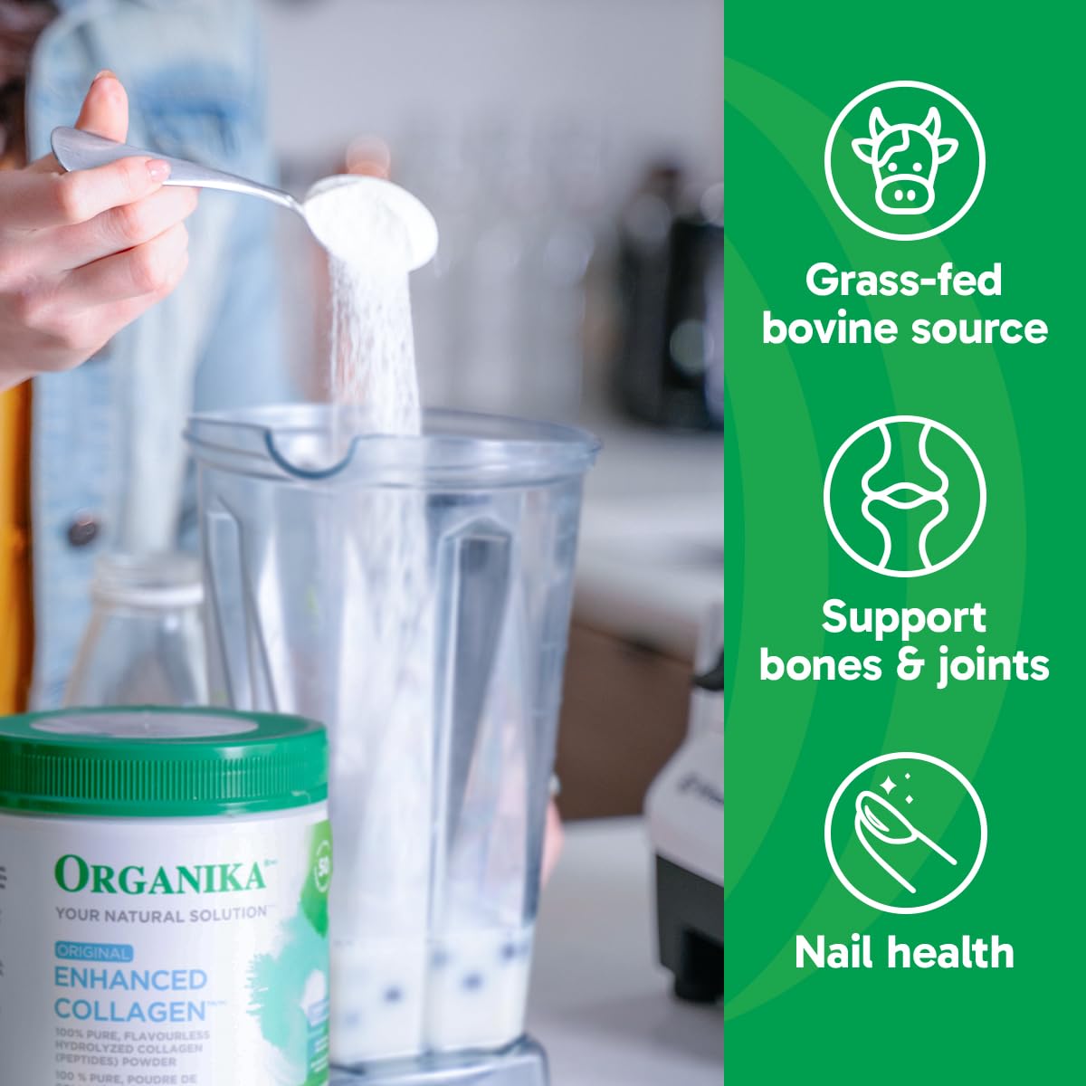 Organika skin-hair-nails collagen powder in a glass showing everyday use.