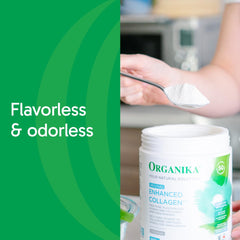 Organika unflavored collagen peptides powder stirred into coffee.