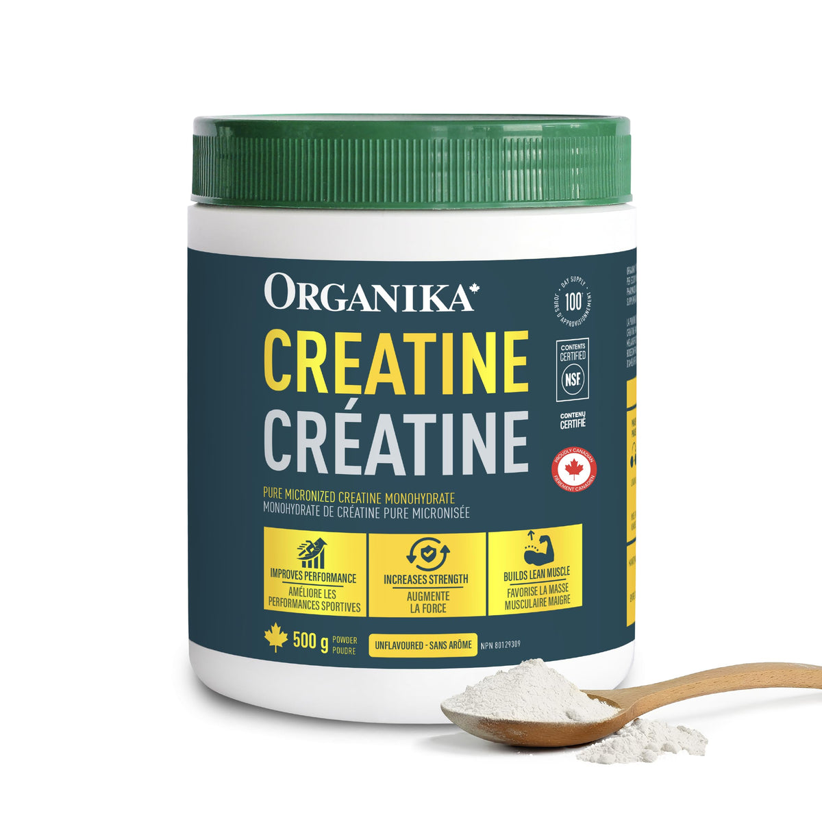 Organika unflavoured creatine powder bottle for clean workouts and strength support.