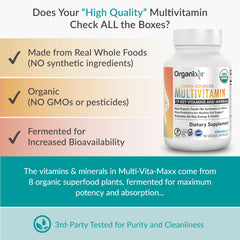 Organixx All-In-One Multivitamin packaging emphasizing 19 vitamins and minerals in vegan capsules