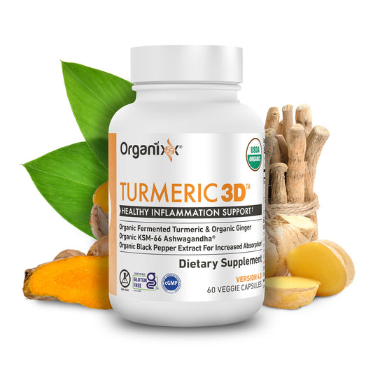 Organixx ashwagandha and ginger blend visual emphasizes traditional botanicals for daily balance.