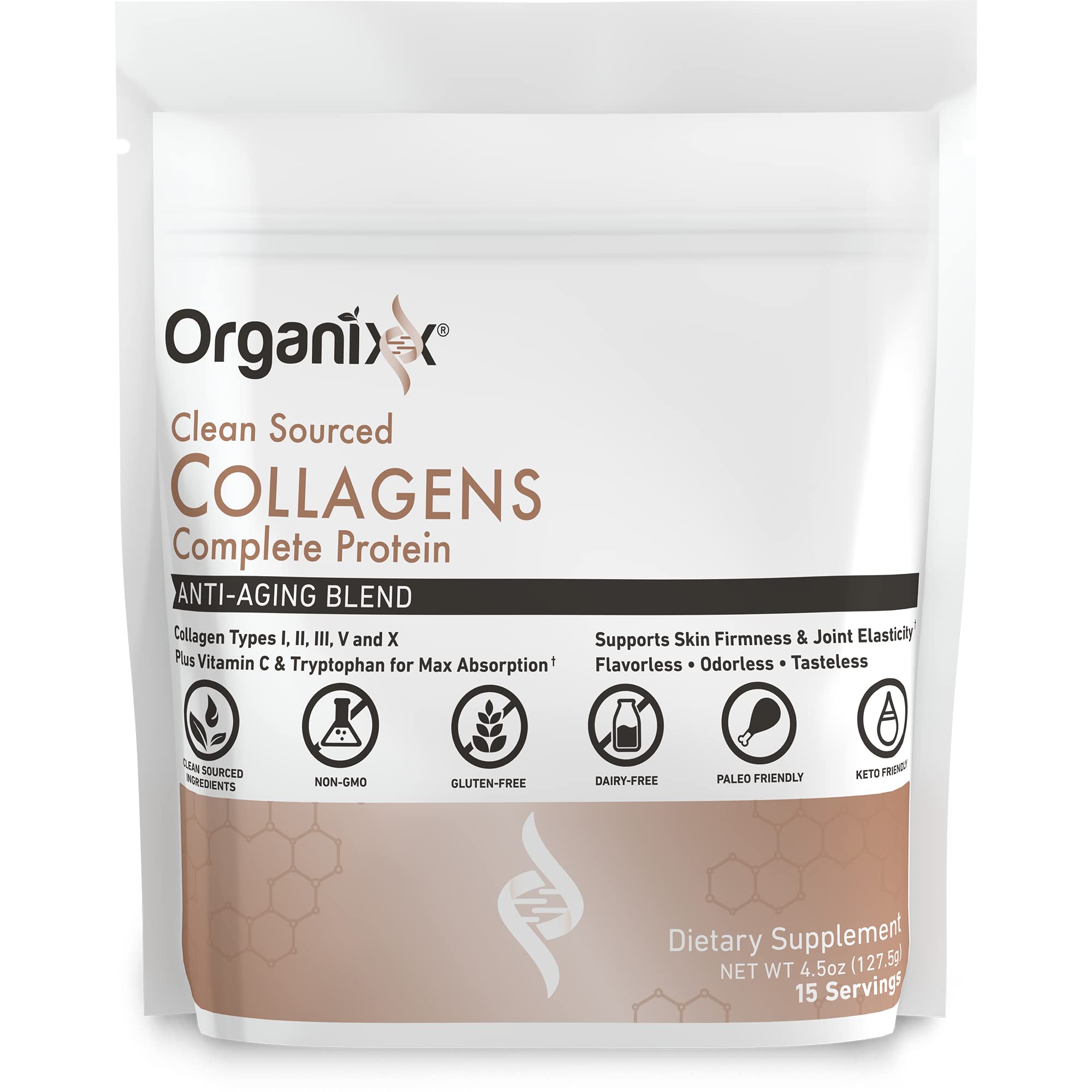 Organixx Clean Sourced Collagen bottle pour demonstrates easy daily mixing for beverages.