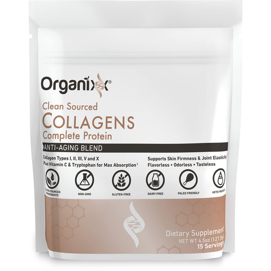 Organixx Clean Sourced Collagen bottle pour demonstrates easy daily mixing for beverages.