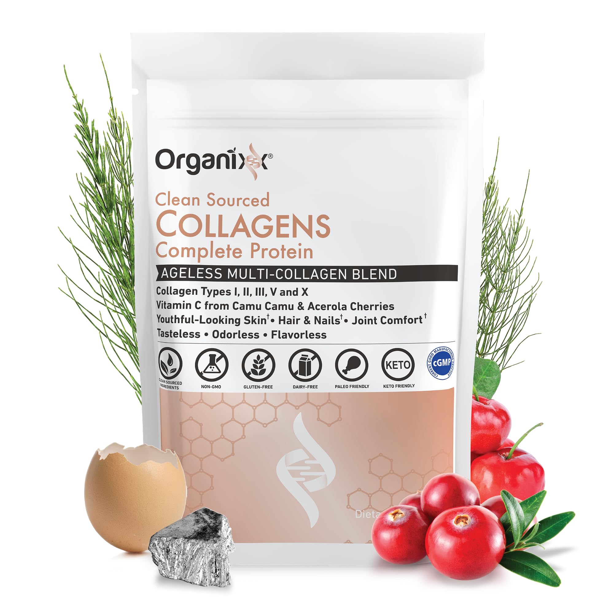Organixx Clean Sourced Collagen bottle photographed to highlight complete protein with vitamin C for absorption.