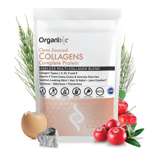 Organixx Clean Sourced Collagen bottle photographed to highlight complete protein with vitamin C for absorption.
