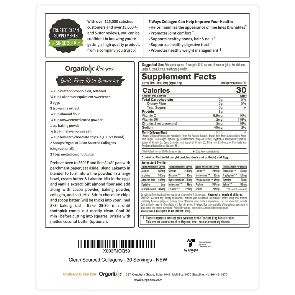 Organixx Clean Sourced Collagen ingredients scene highlights zero sugar and 32 calories.