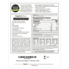 Organixx Clean Sourced Collagen ingredients scene highlights zero sugar and 32 calories.