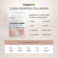 Organixx Clean Sourced Collagen jar closeup emphasizes grass-fed and wild-caught ingredients.