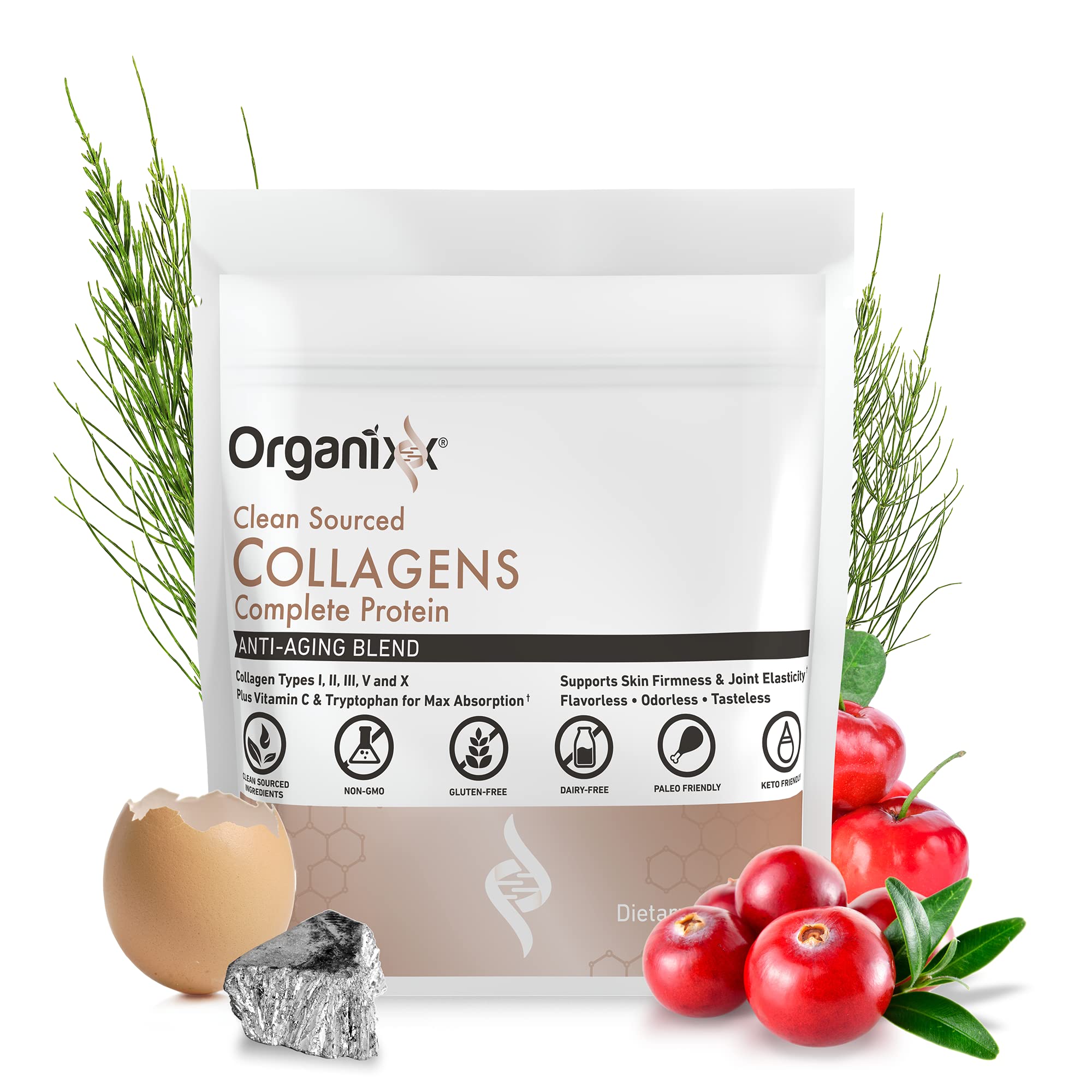 Organixx Clean Sourced Collagen label closeup shows vitamin C for absorption and quality ingredients.