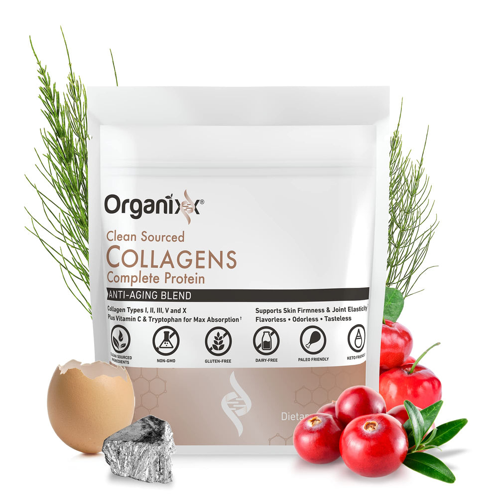 Organixx Clean Sourced Collagen label closeup shows vitamin C for absorption and quality ingredients.