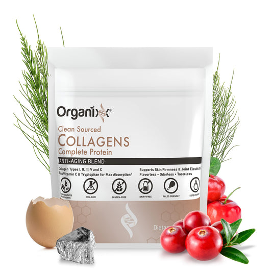 Organixx Clean Sourced Collagen label closeup shows vitamin C for absorption and quality ingredients.