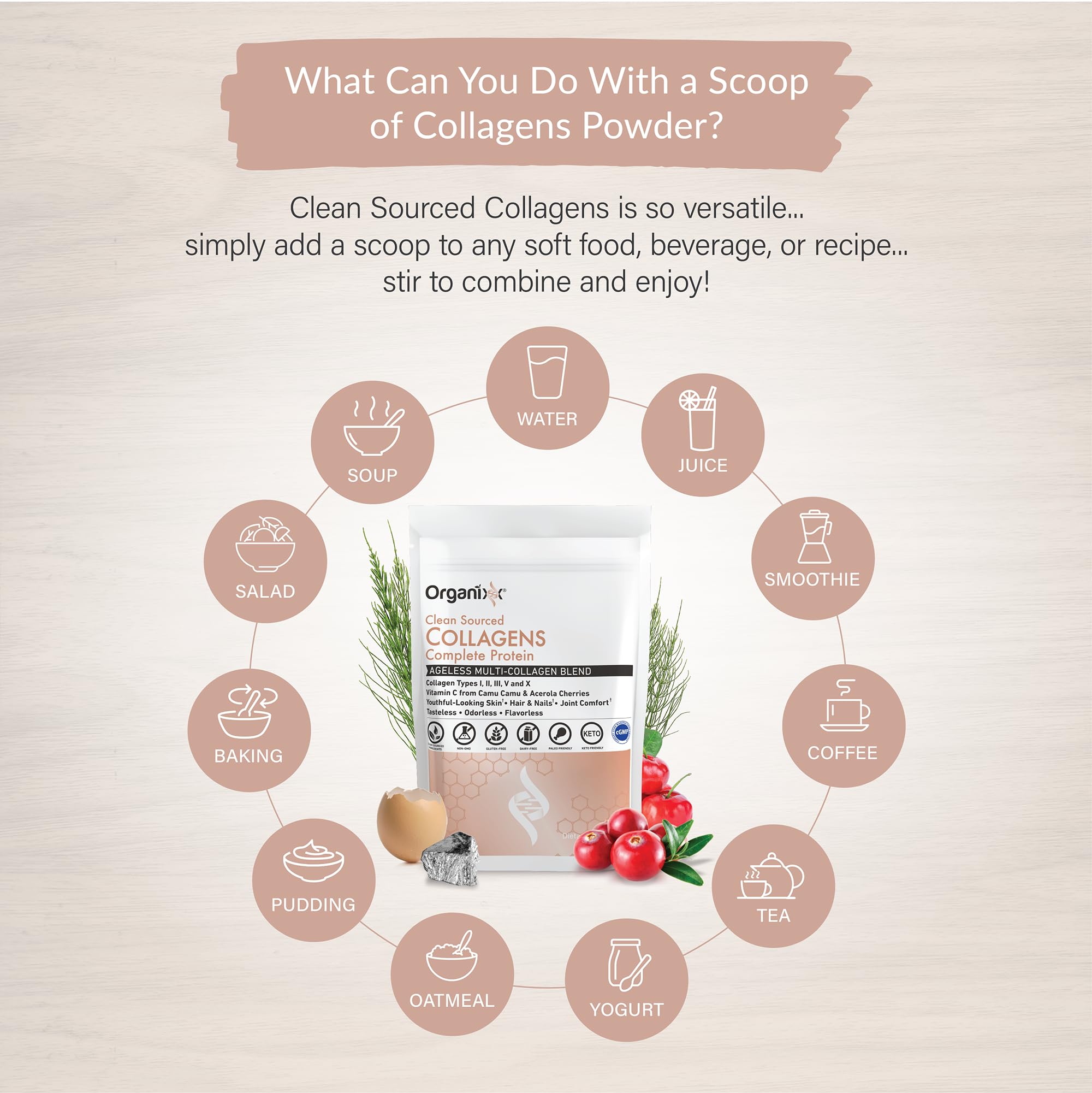 Organixx Clean Sourced Collagen powder closeup displays unflavored, smooth texture.
