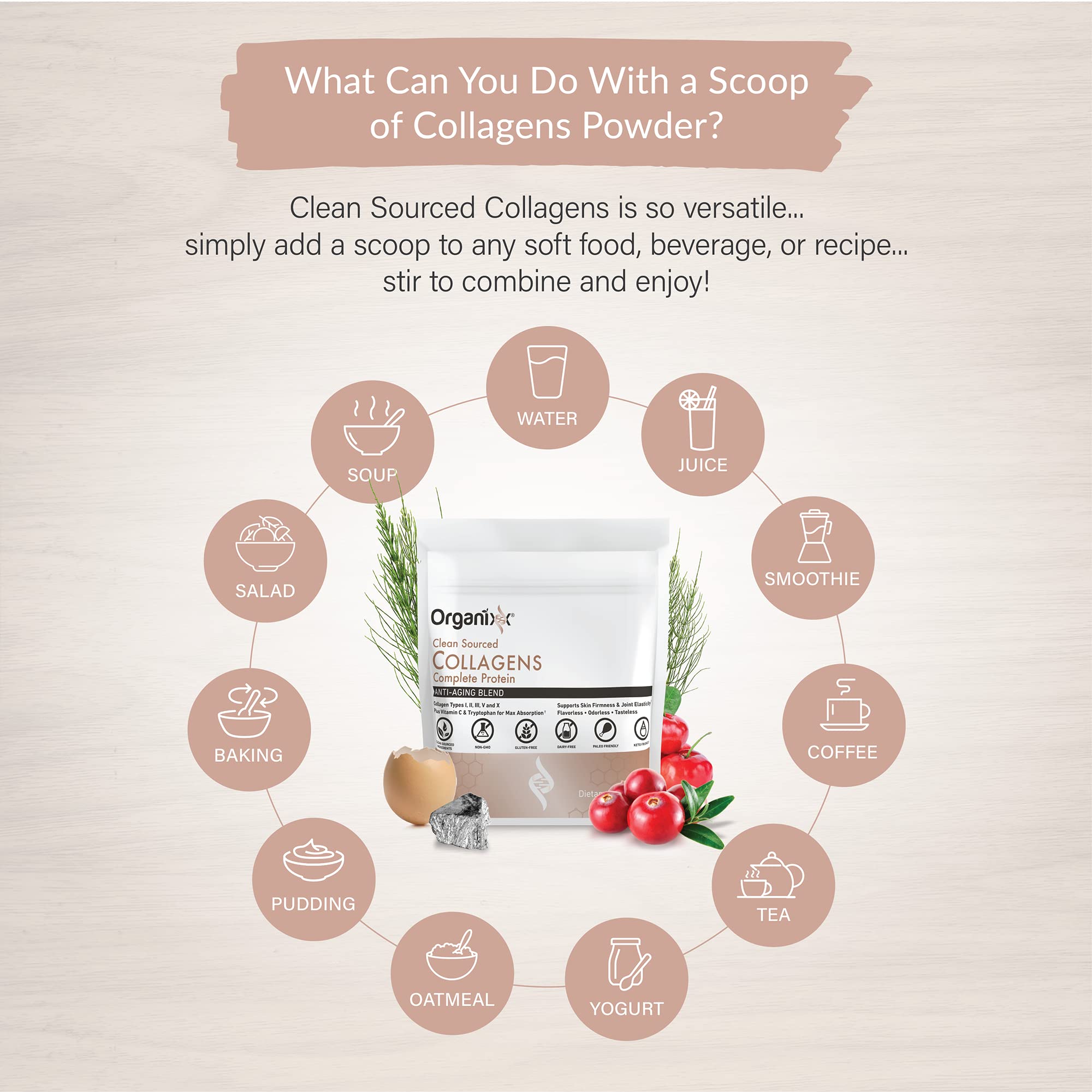 Organixx Clean Sourced Collagen scoop demonstrates convenient daily serving.