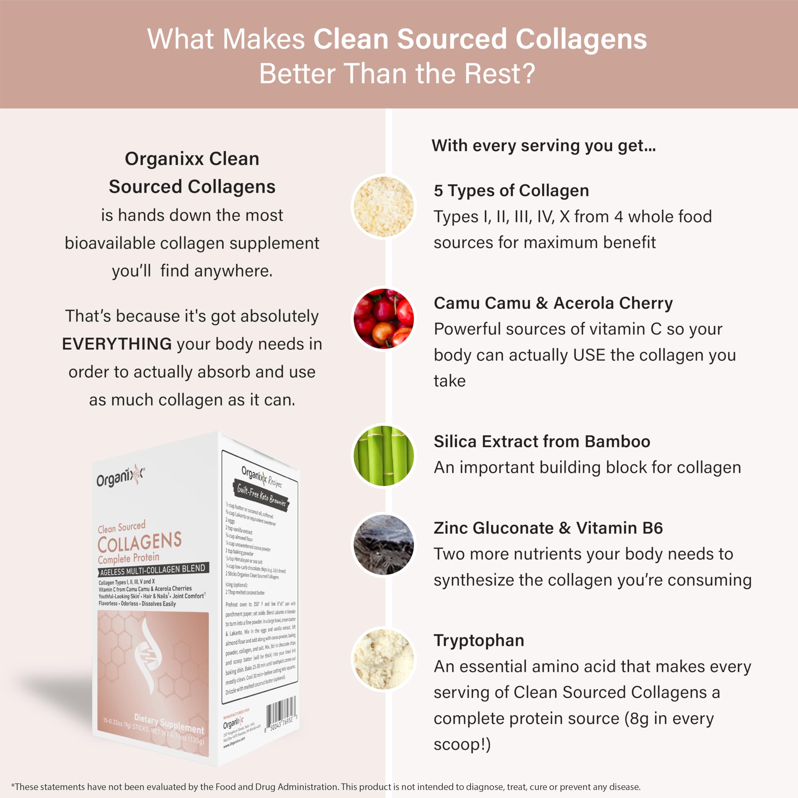 Organixx Collagen packets beside ingredients showing five collagen types.