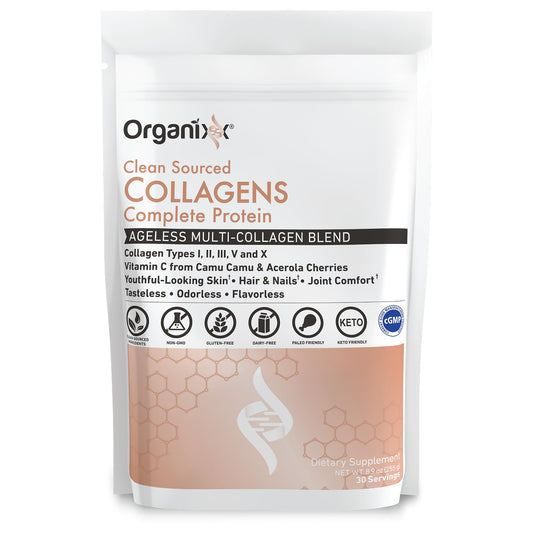 Organixx Clean Sourced Collagen scoop demonstrates easy mixing for smoothies and beverages.