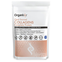 Organixx Clean Sourced Collagen scoop demonstrates easy mixing for smoothies and beverages.