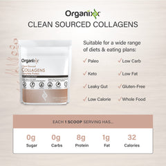 Organixx Clean Sourced Collagen tin front highlights unflavored powder ready to blend.