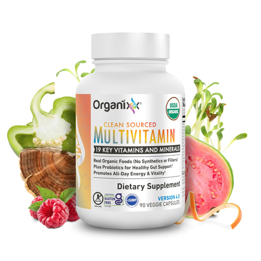 Organixx Clean Sourced Multivitamin bottle front displaying organic ingredients for daily energy