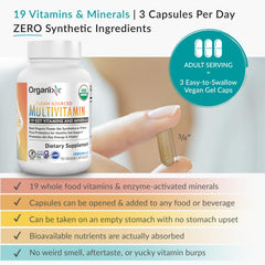 Organixx Clean Sourced Multivitamin bottle label showing VegD3 and Probiotics for gut support