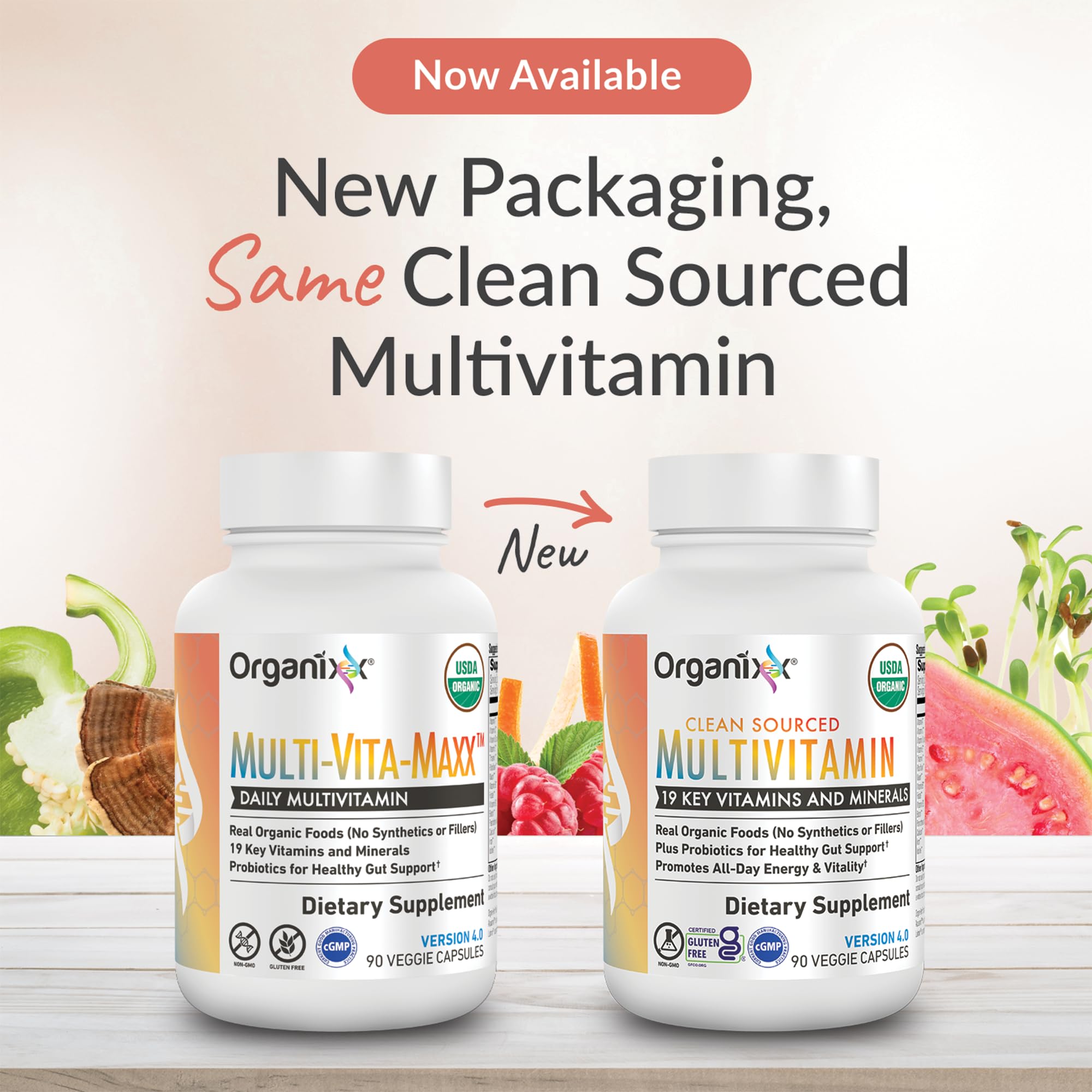 Organixx Clean Sourced Multivitamin capsules close-up highlighting vegan gel capsules for digestion
