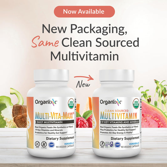 Organixx Clean Sourced Multivitamin capsules close-up highlighting vegan gel capsules for digestion