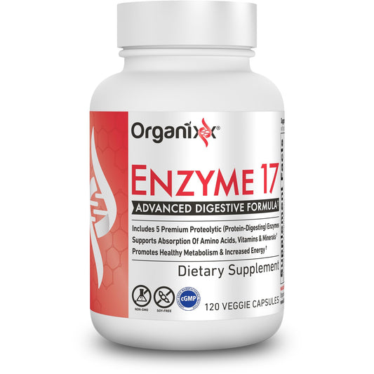 Organixx Enzyme 17 bottle pour supports digestion after meals.