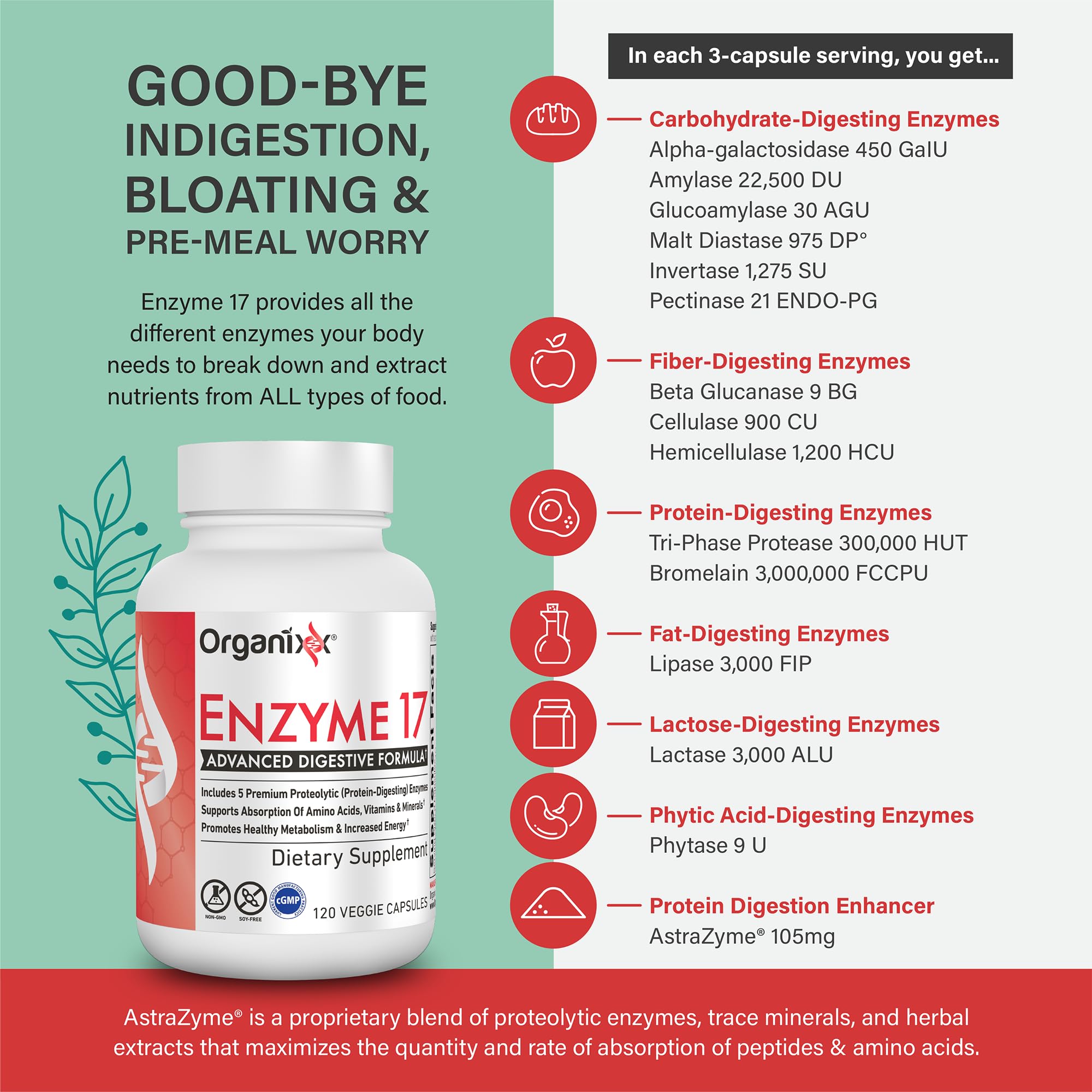 Organixx Enzyme 17 capsules closeup shows vegetarian digestive enzymes.