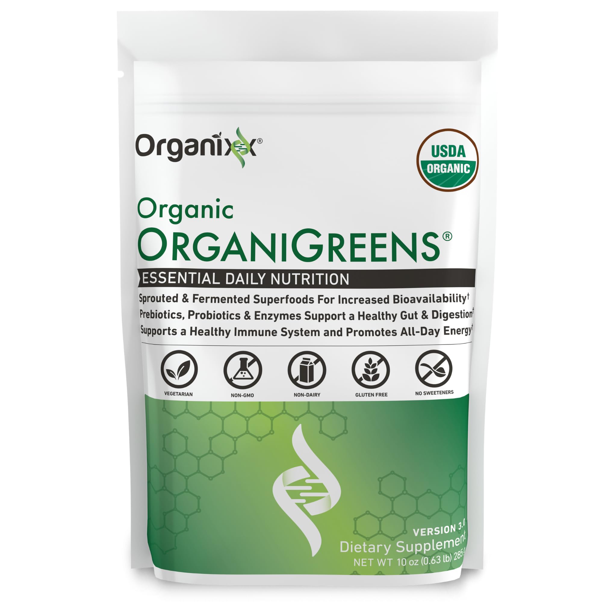 Organixx Greens Superfood Powder tub featuring organic greens for daily vitality