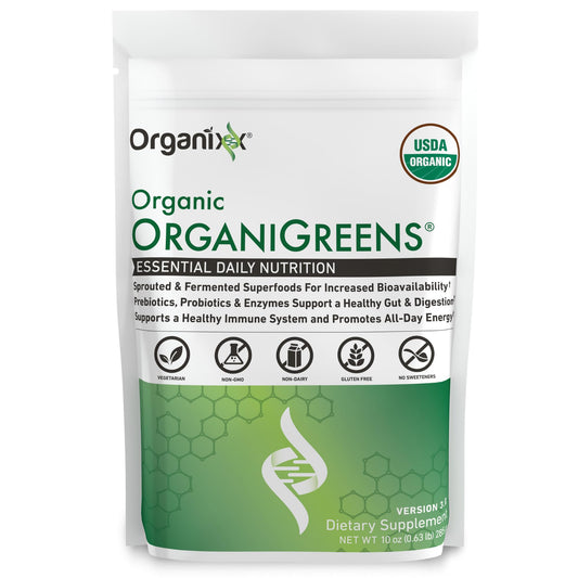 Organixx Greens Superfood Powder tub featuring organic greens for daily vitality