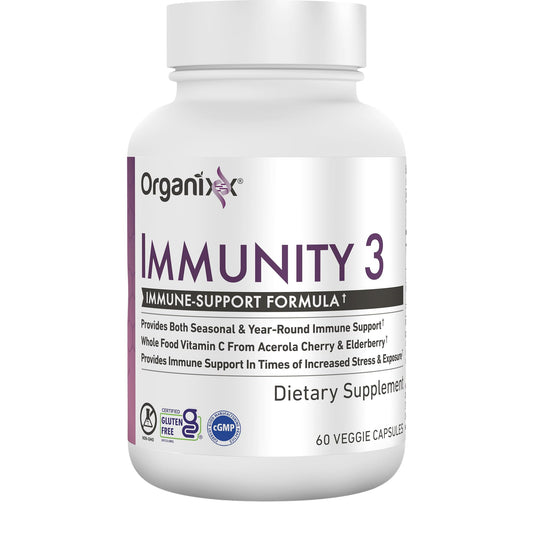 Organixx Immunity 3 bottle on kitchen counter highlights daily immune support