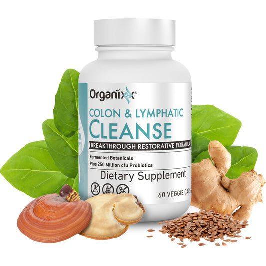 Organixx Lymphatic & Colon Cleanse bottle back highlights ingredients and gluten-free, non-GMO profile.