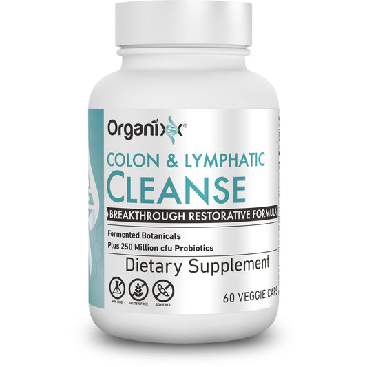 Organixx Lymphatic & Colon Cleanse capsules bottle front suggests digestive comfort and toxin removal.