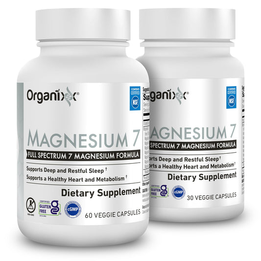 Organixx Magnesium 7-forms bottle promotes relaxation and recovery.