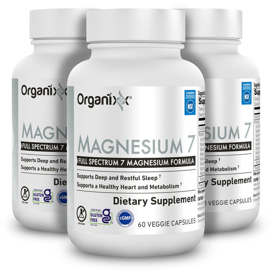 Organixx Magnesium 7 bottle front view highlights seven forms for optimized absorption.