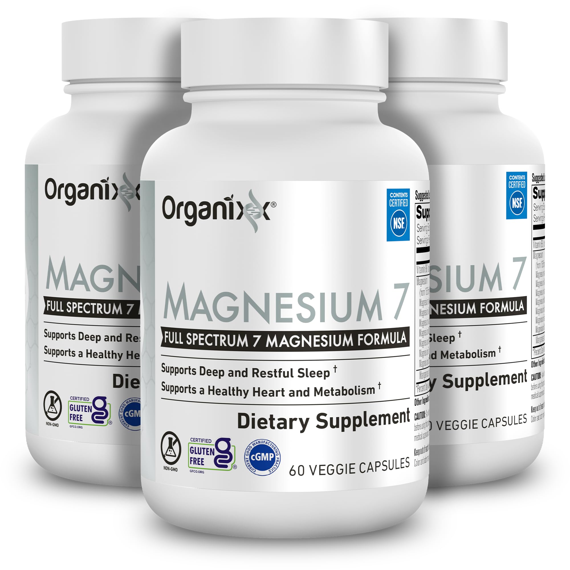 Organixx Magnesium 7 bottle front view highlights seven forms for optimized absorption.
