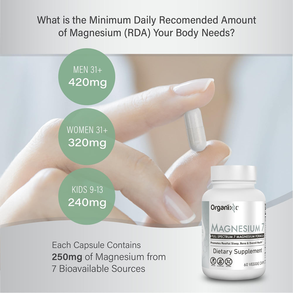 Organixx Magnesium 7 label detail reveals Vitamin B6 and manganese supporting metabolism.