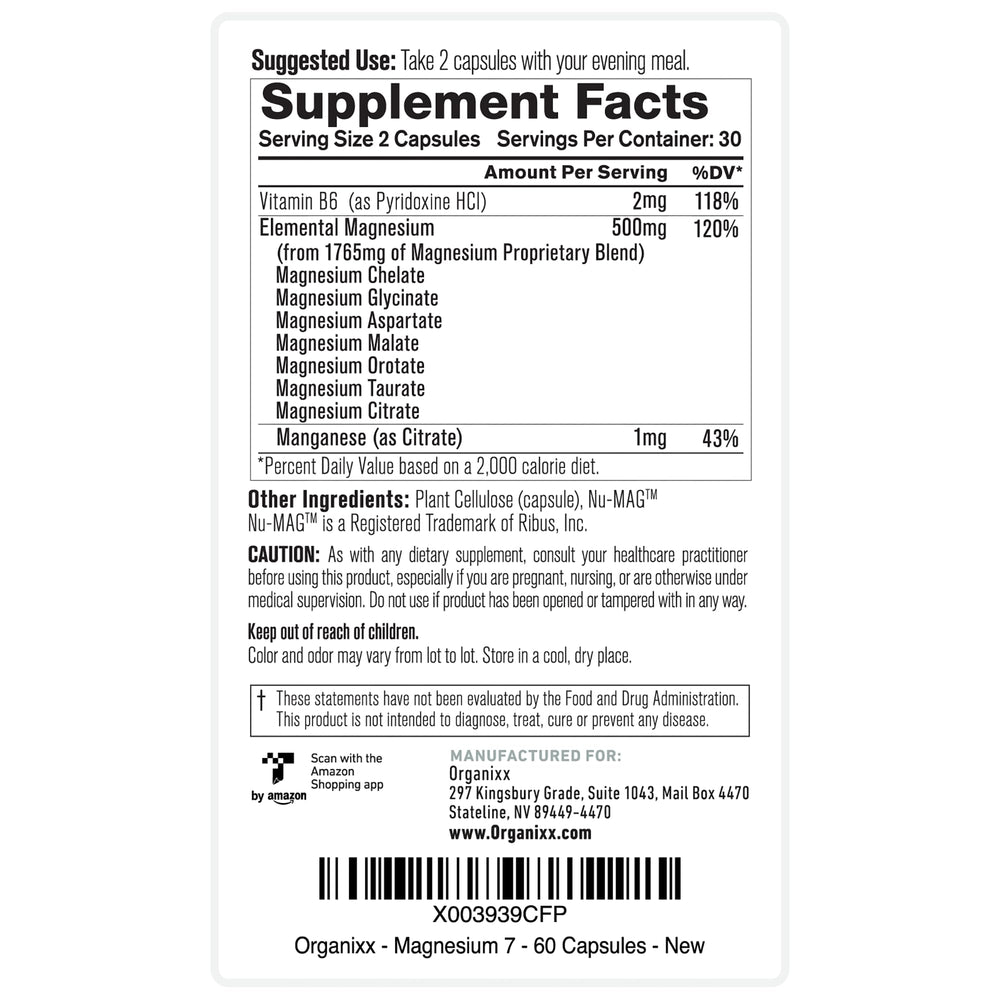 Organixx Magnesium 7 vegan non-GMO seal underscores purity.