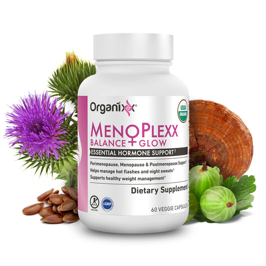 Organixx Menopause Balance + Glow bottle on white background, supports daily balance