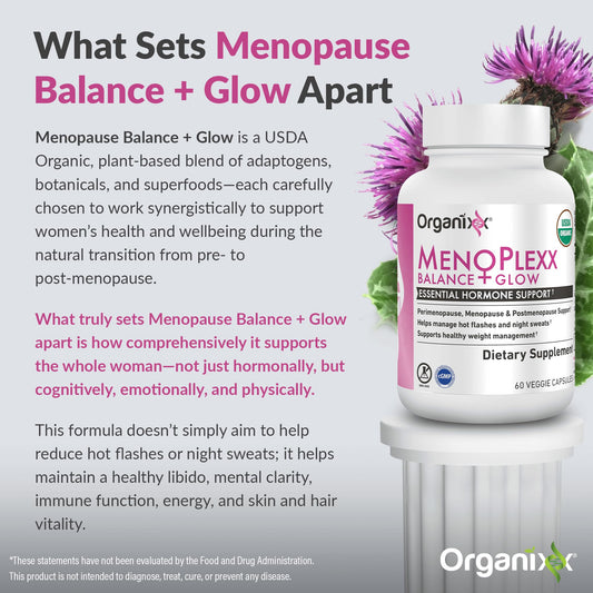 Closeup of Organixx Menopause Balance + Glow capsules for easy daily use