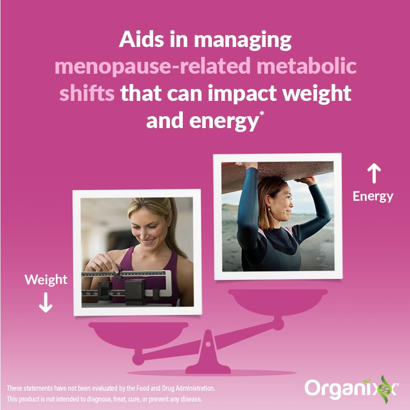 Organixx Menopause Balance Glow ingredient panel shows organic botanicals and adaptogens.