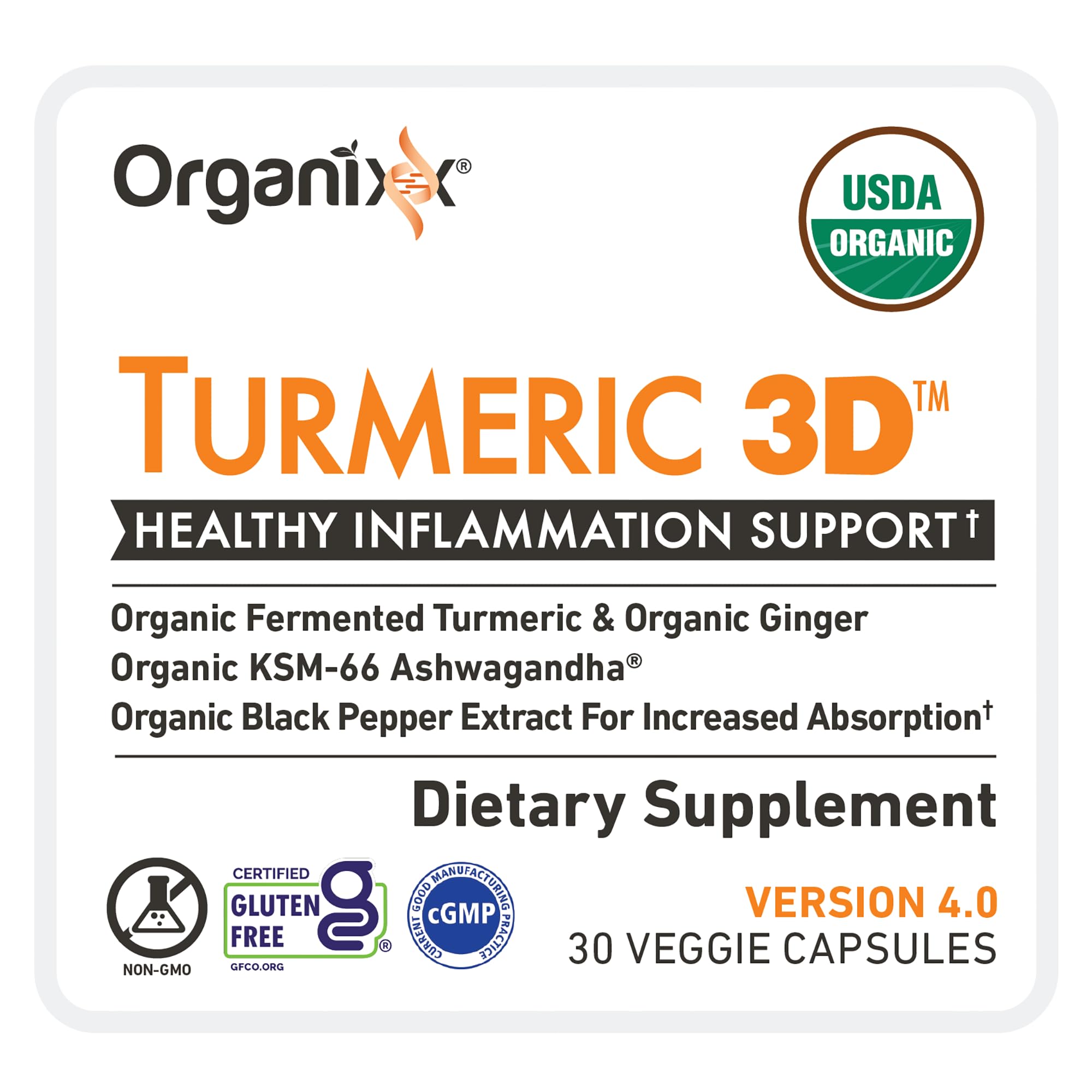 Organixx Turmeric 3D ingredients label emphasizing clean organic ingredients.