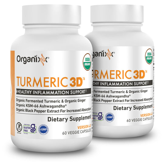 Organixx turmeric curcumin bottle, front view, highlighting fermented formula for enhanced absorption.