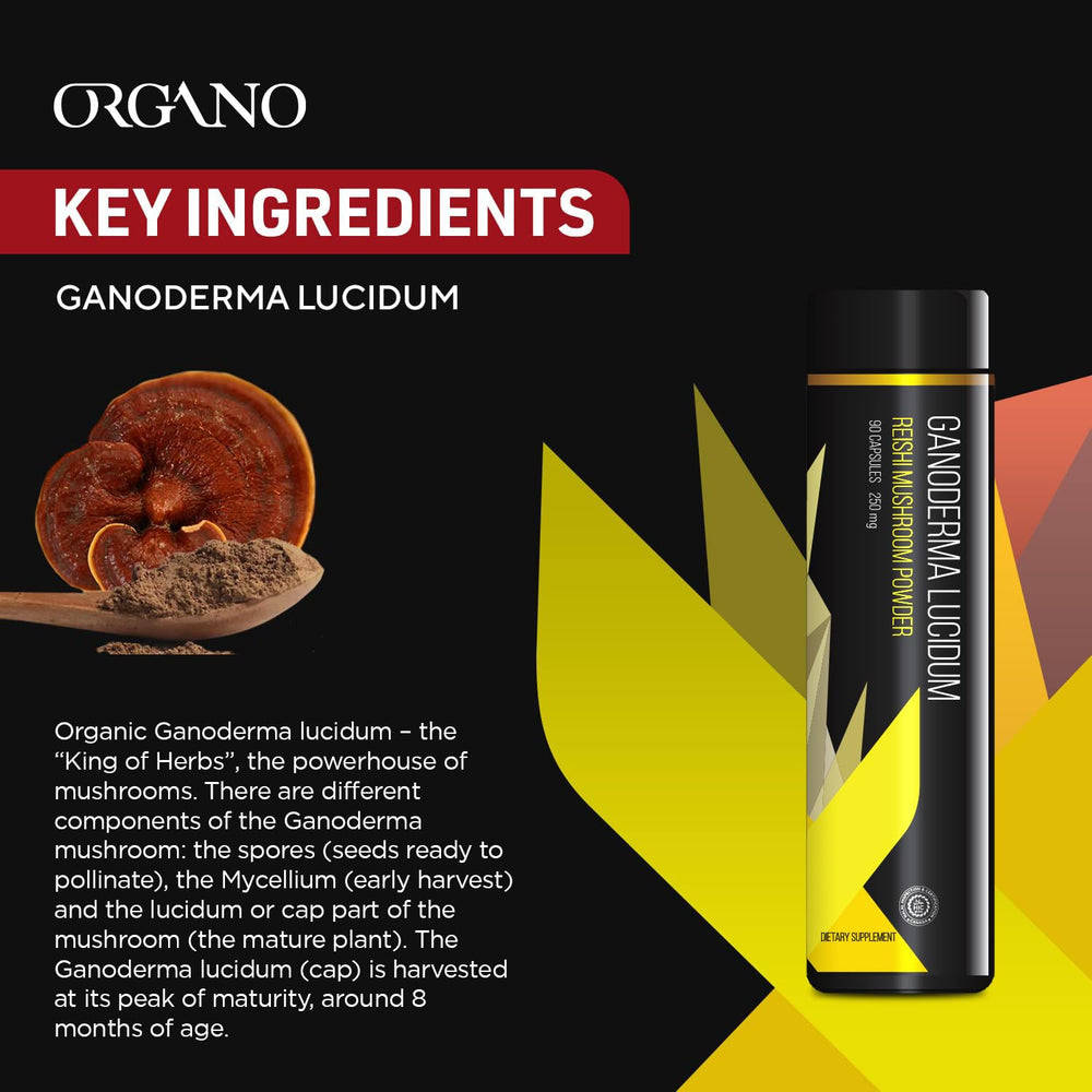 Organo OGX Ganoderma Lucidum bottle on wooden surface, premium quality packaging.